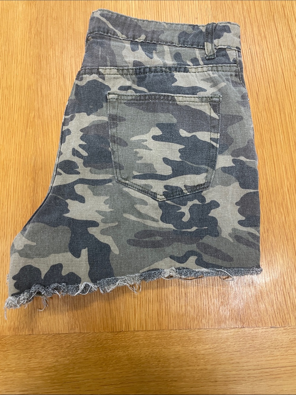 Camo Denim Frayed Hem High-Waist Shorts